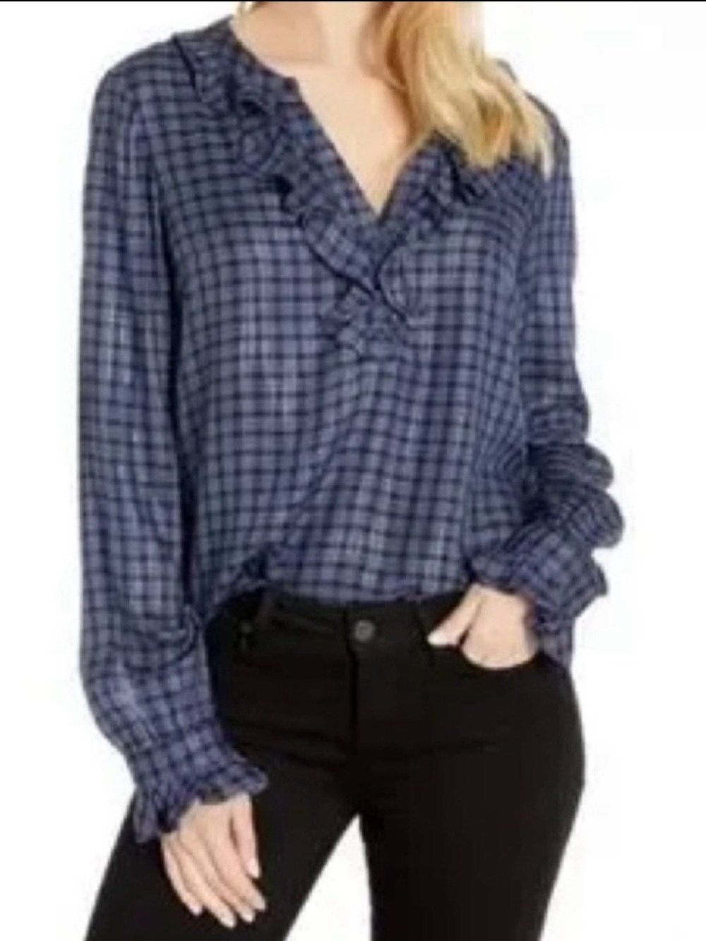 NWT PAIGE Analfi Blue Blouse with Ruffle and metallic thread. Sz M - gorgeous!!